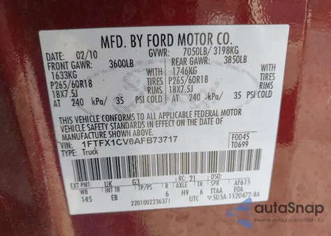 2010 Ford F-150 Fx2 Sport/Lariat/Xl/Xlt z USA, uszkodzony, nr VIN 1FTFX1CV6AFB73717